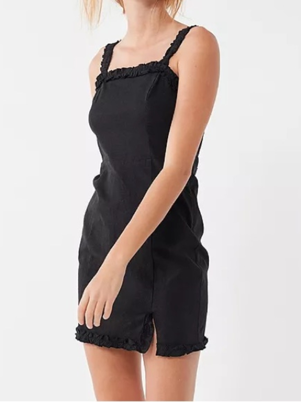 UO Wren Black Linen Ruffle Mini Dress